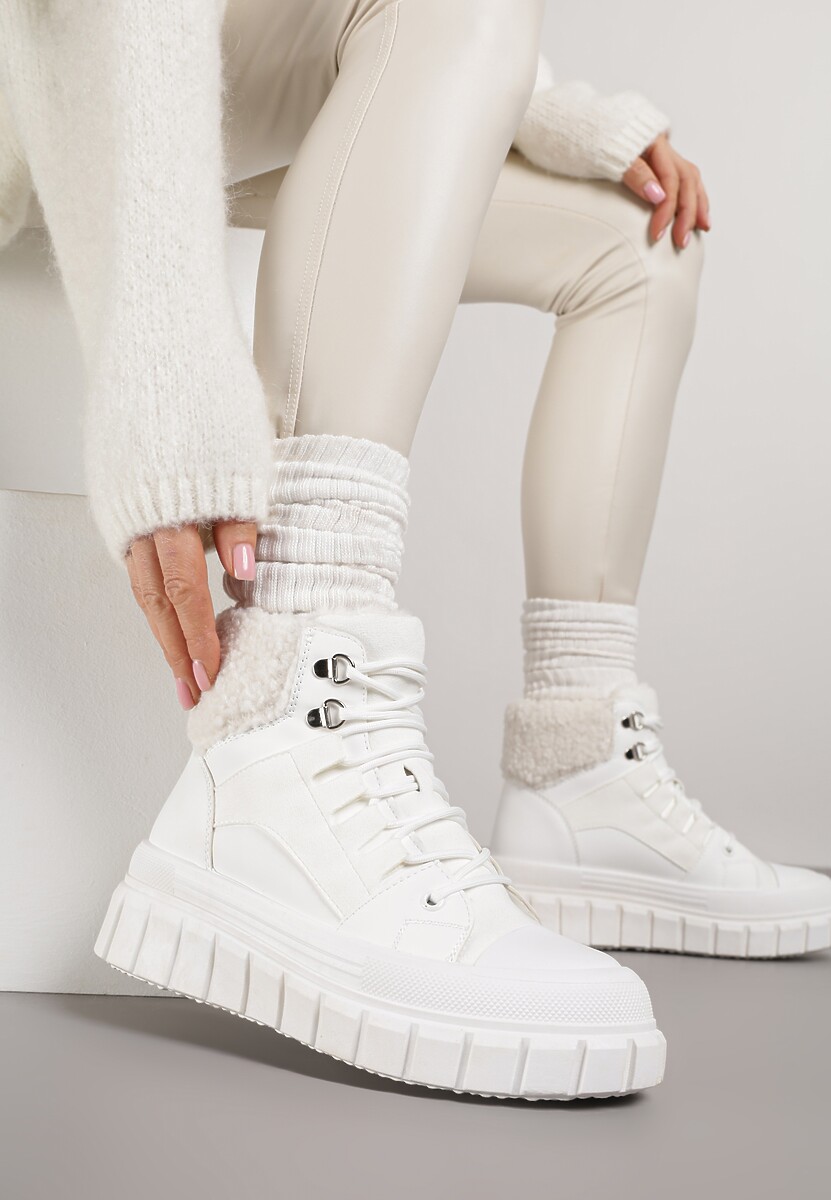 Białe Botki na Grubej Podeszwie z Futerkiem Nemda