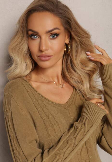 Jasnozielony Sweter ze Splotem w Warkocze i Dekoltem V Khara