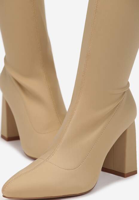 Ciemnobeżowe Dopasowane Kozaki za Kolano na Słupku Grapio