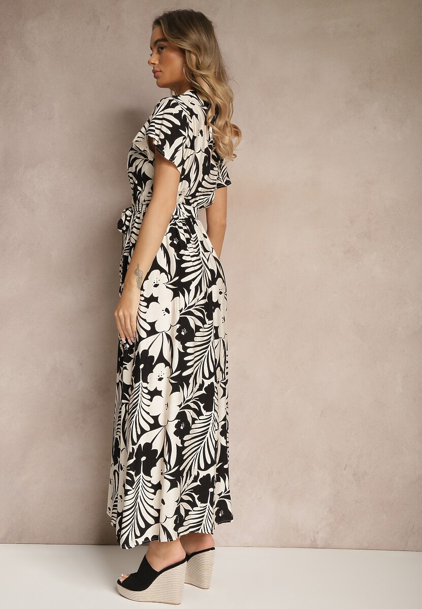 Czarna Rozkloszowana Sukienka z Wiskozy w Kwiaty Elarielis