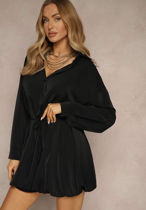 Czarna Sukienka Koszulowa o Fasonie Balloon z Wiązaniem w Talii Vorema