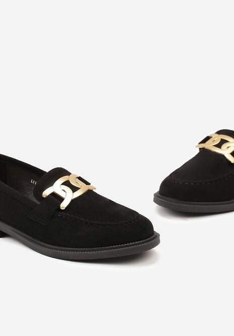 Czarne Mokasyny z Metalową Klamrą i Cholewką z Ekozamszu Vatile