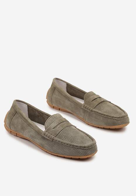 Zielone Mokasyny ze Skóry Naturalnej Zdobione Perforacją Revaya