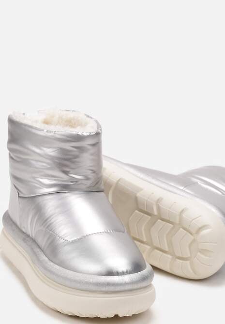 Srebrne Połyskujące Śniegowce na Płaskiej Podeszwie Ocieplone Futerkiem Brivida