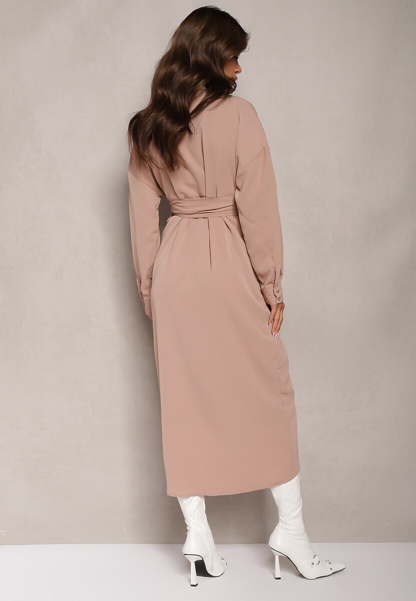 Ciemnobeżowa Sukienka Koszulowa z Wiązanym Paskiem i Marszczeniem Odele