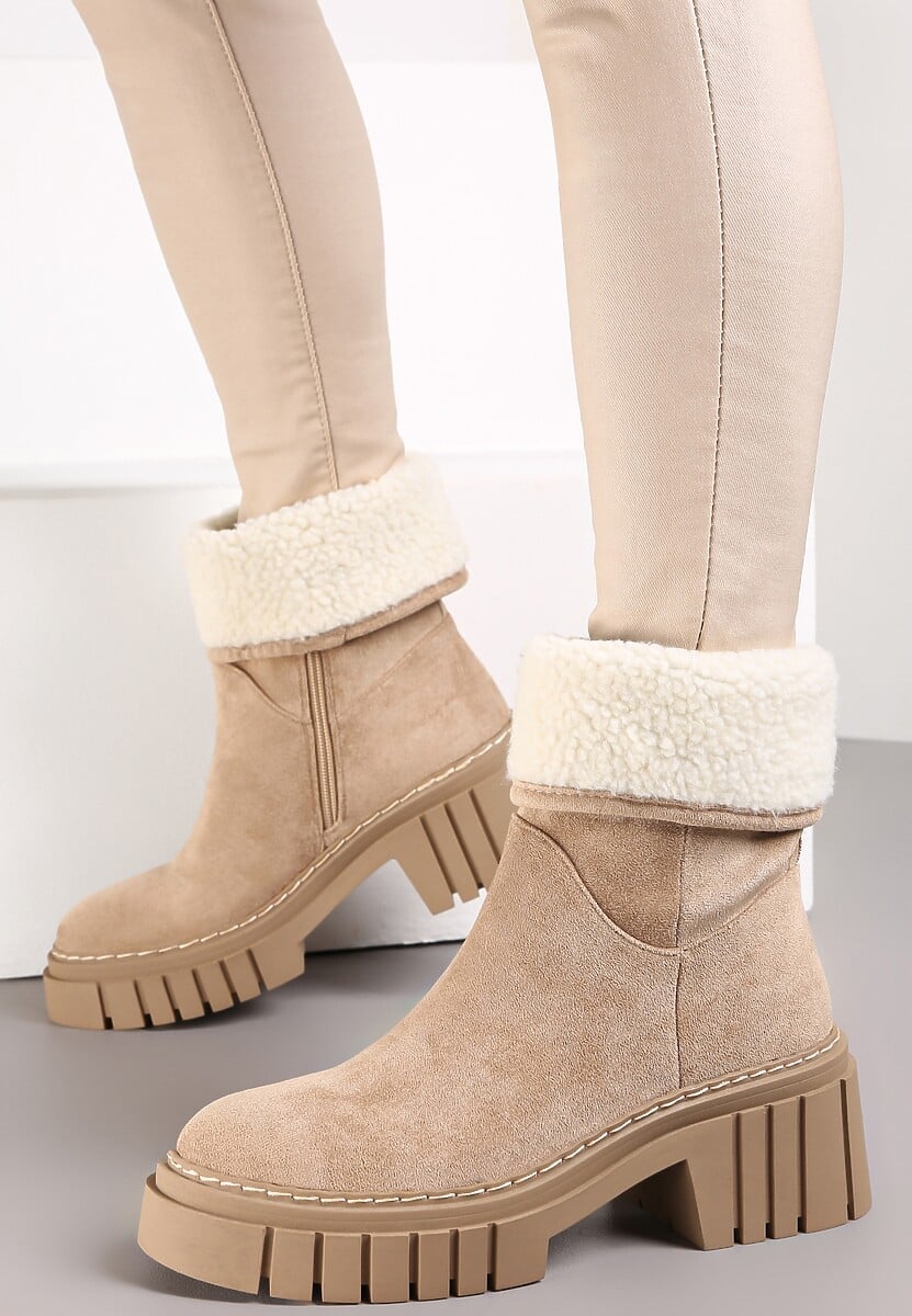 Ciemnobeżowe Botki na Grubej Podeszwie Lymall