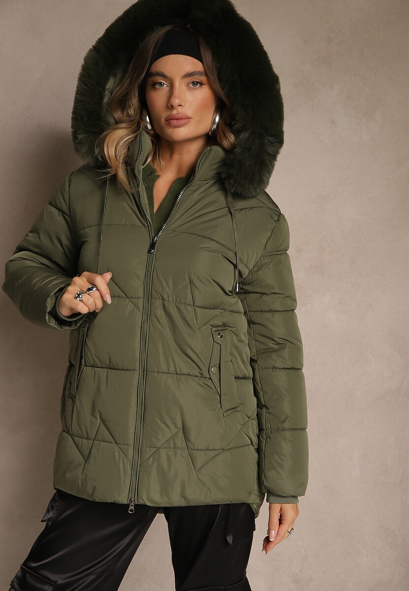 Czarna Klasyczna Kurtka z Pikowanymi Przeszyciami i Kapturem z Futrem Mundrie