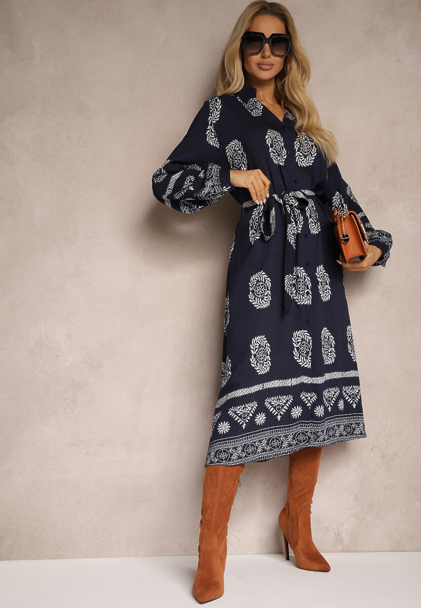 Granatowa Sukienka Koszulowa Wiązana w Pasie w Stylu Boho Rorisha