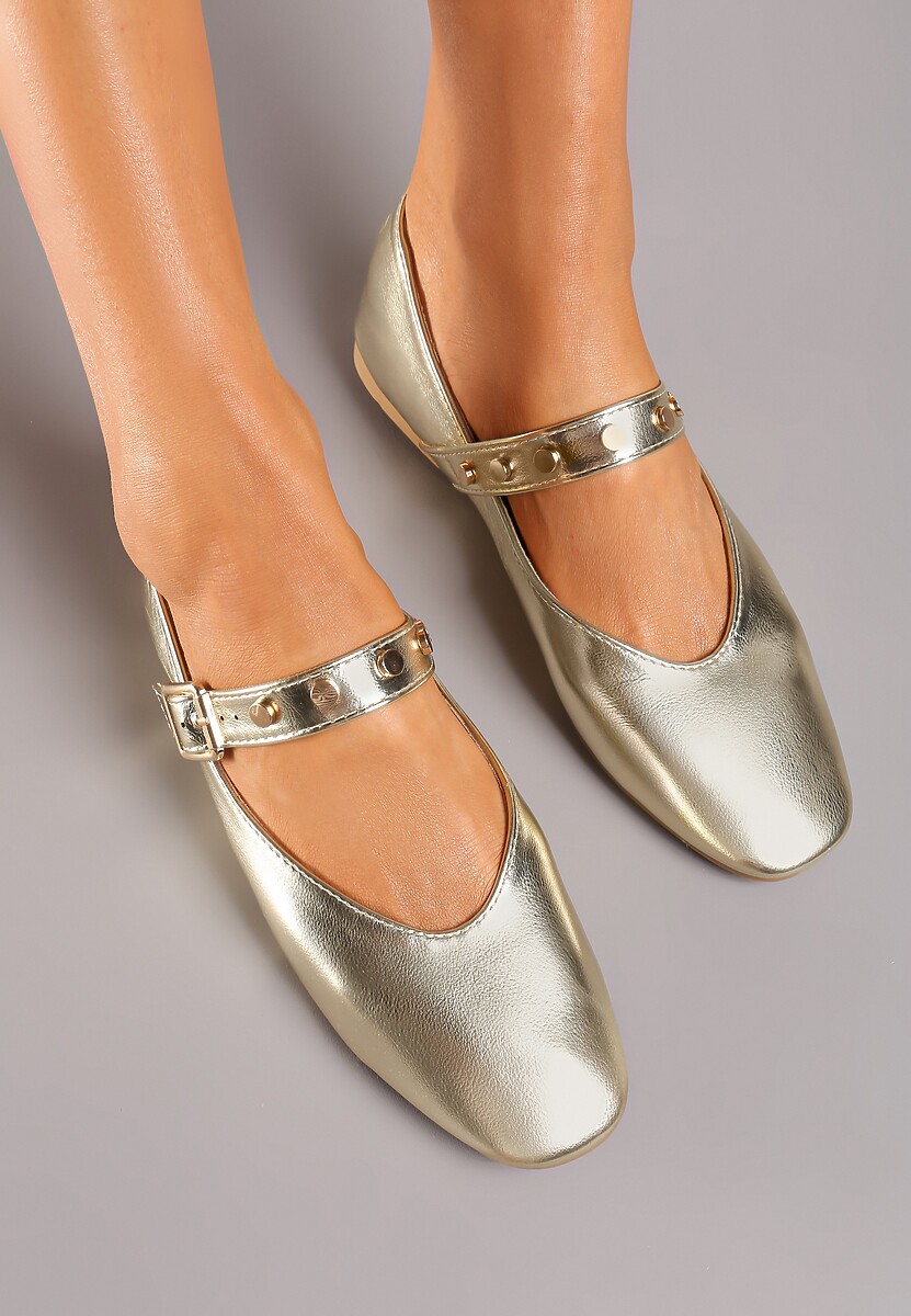 Złote Płaskie Balerinki w Stylu Mary Jane z Paskiem na Sprzączkę Zailaene