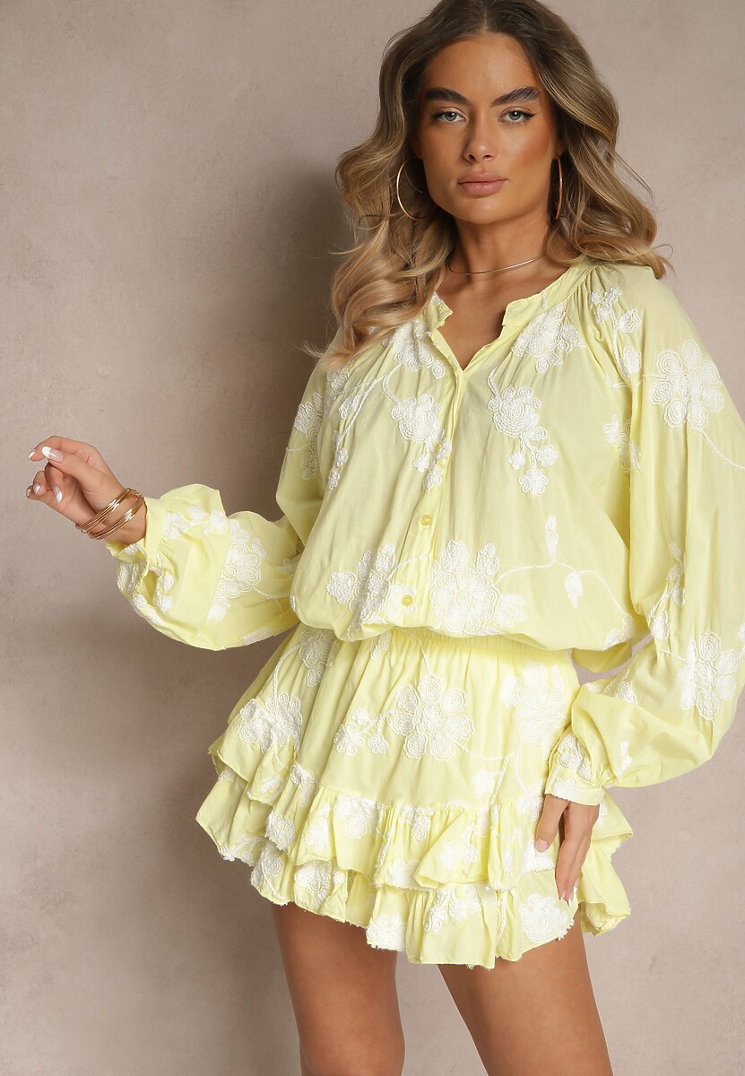 Żółty Komplet z Bawełny  Spódnico-Spodenki i Koszula z Szerokimi Rękawami Savalene