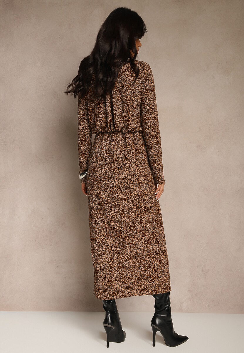 Panterkowa Sukienka z Gumką w Talii z Dopasowanym Dołem i Rozcięciem Zenova