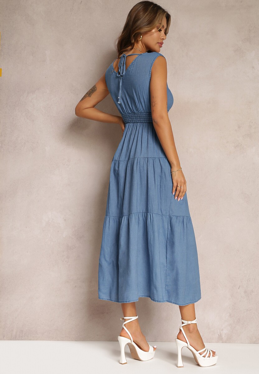 Niebieska Rozkloszowana Sukienka z Falbanką i Wiązaniem na Plecach Rawdyn