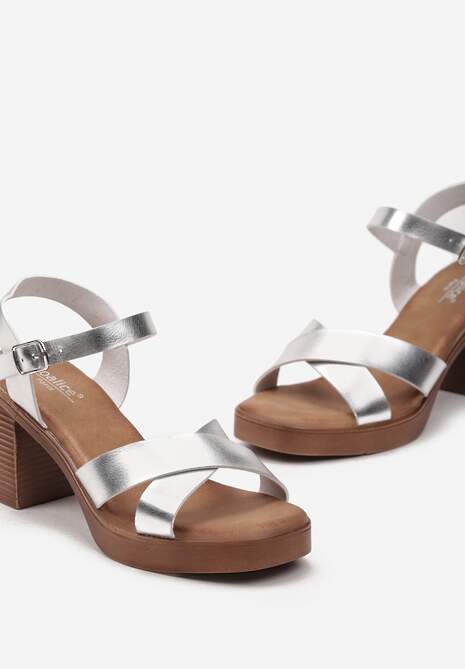 Srebrne Sandały na Słupku z Platformą z Imitacji Drewna Argastia