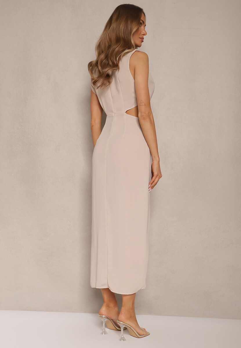 Beżowa Sukienka z Rozkloszowanym Dołem Ozdobiona Wycięciami w Talii i Metalicznym Detalem Galanissa