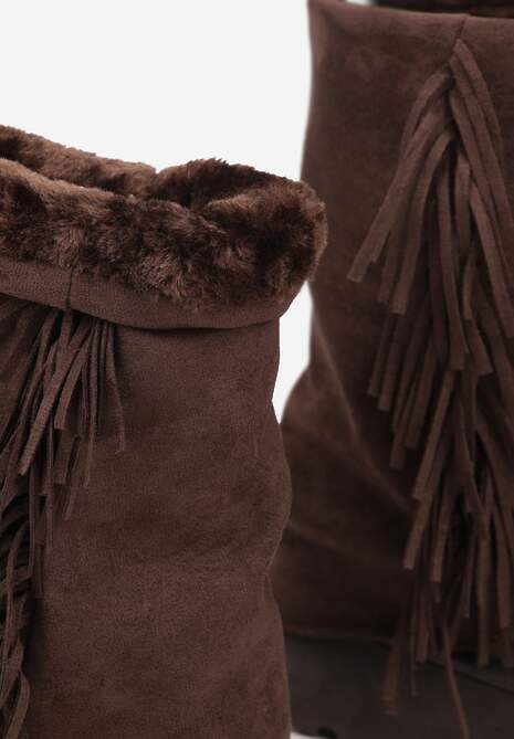 Brązowe Botki Śniegowce z Wywiniętą Cholewką Zdobioną Frędzlami Sewela
