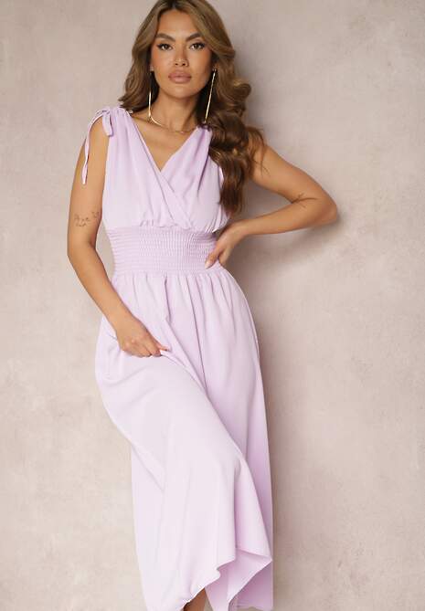 Jasnofioletowa Rozkloszowna Sukienka na Cienkich Ramiączkach z Kopertowym Dekoltem Eilinestia