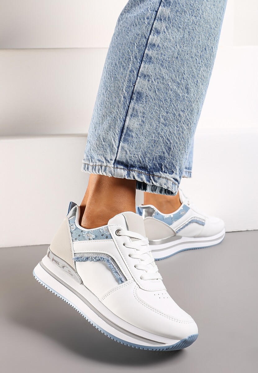 Biało-Niebieskie Sneakersy na Piankowej Podeszwie z Brokatowymi Wstawkami Pallasia