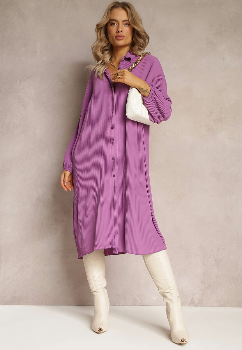 Fioletowa Plisowana Sukienka Midi z Kołnierzem i Guzikami Danitza