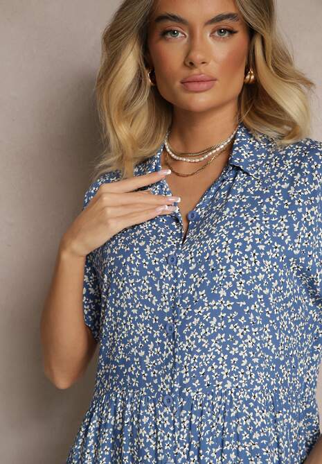 Granatowa Koszulowa Sukienka z Bawełny w Kwiaty o Rozkloszowanym Fasonie Sarilon