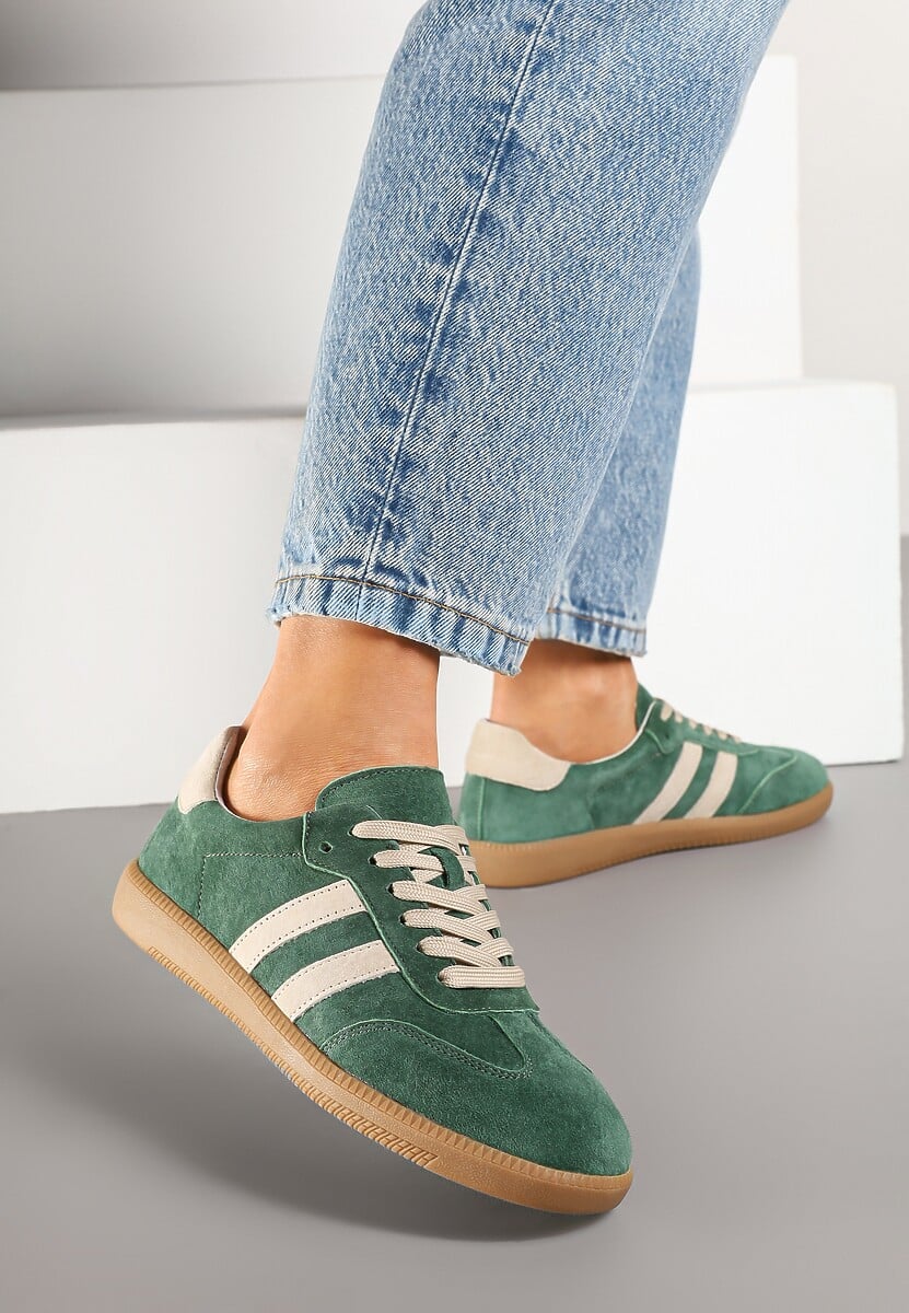 Zielone Płaskie Sneakersy z Wkładką ze Skóry Naturalnej Ozdobione Paskami Neladria