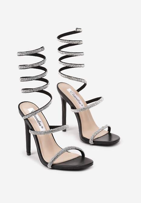 Czarne Sandały na Obcasie Ozdobione Cyrkoniową Sprężyną na Łydkę Nelesi