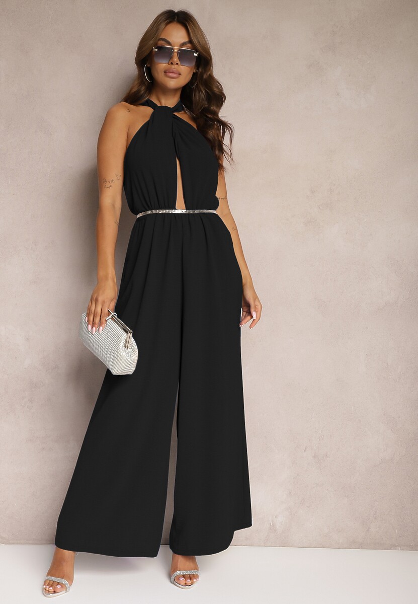 Czarny Taliowany Kombinezon ze Ściągaczem w Talii i Wiązaniem przy Szyi Rivasiris