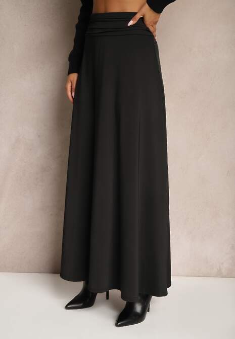 Czarna Rozkloszowana Spódnica High Waist z Marszczeniem w Pasie Nolisea