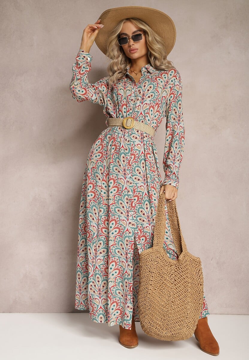 Zielono-Czerwona  Koszulowa Sukienka z Dodatkowym Paskiem i Podpinanymi Rękawami Alonie