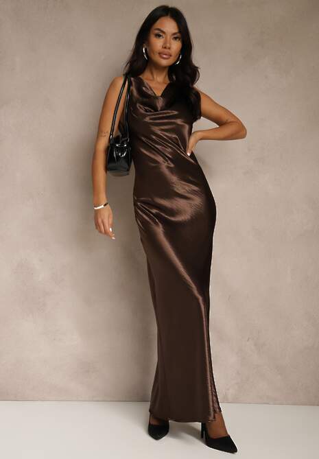 Brązowa Satynowa Wiskozowa Sukienka Koktajlowa z Bawełną Deleisana