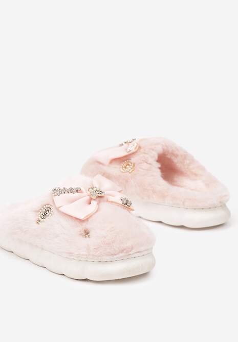 Różowe Kapcie na Płaskiej Podeszwie z Futerkiem Kokardą i Cyrkoniami Mianoria