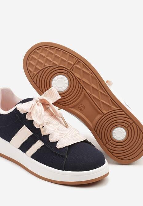 Granatowo-Różowe Sneakersy na Niskiej Platformie z Naszywkami Flordexia