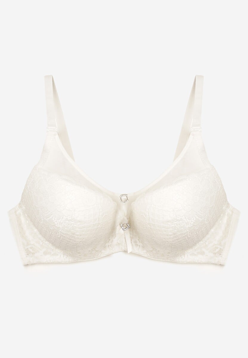 Jasnobeżowy Biustonosz Push-Up z Koronki Ozdobiony Metalową Aplikacją Arissta