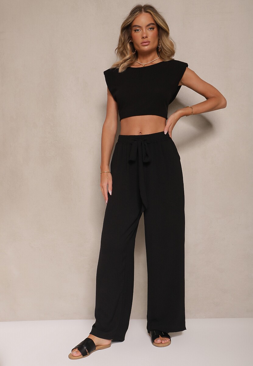 Czarne Spodnie z Wiskozą o Szerokim Kroju z Wiązanym Paskiem Zileindra