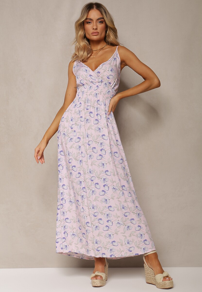 Jasnoróżowa Bawełniana Sukienka na Cienkich Ramiączkach w Kwiecisty Wzór o Rozkloszowanym Fasonie Rosaq