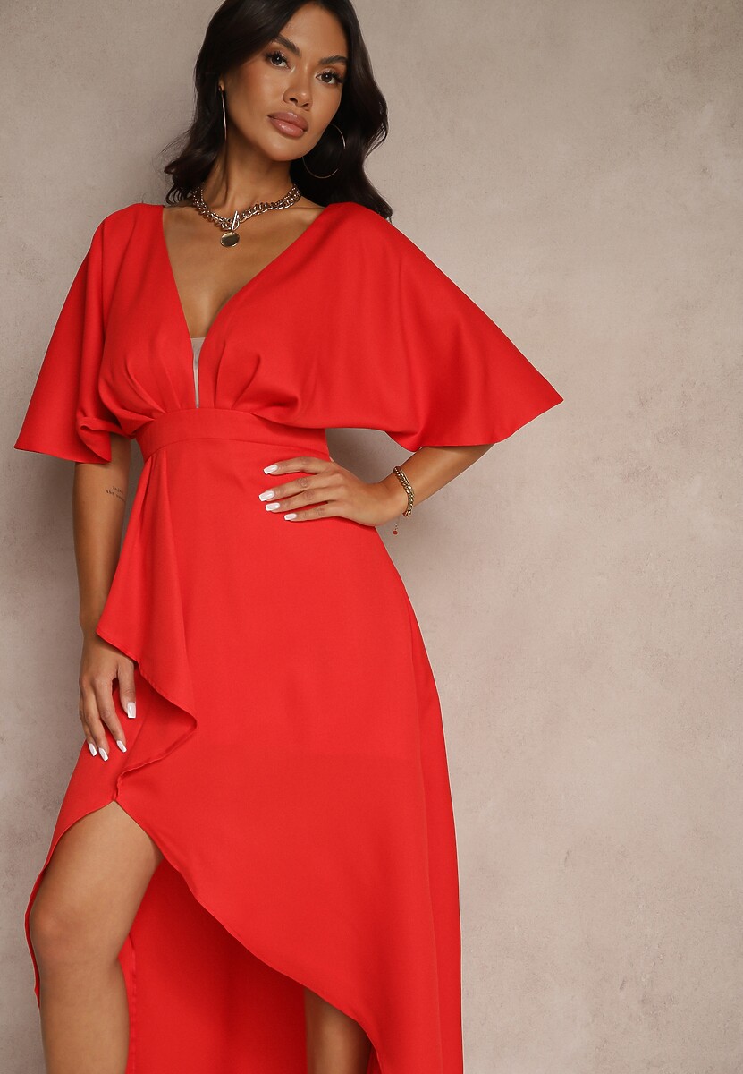 Czerwona Asymetryczna Sukienka Koktajlowa Vices Ozdobiona Falbanką Nelioraia