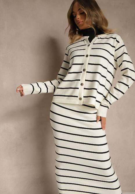 Jasnobeżowy Komplet z Wiskozą Spódnica i Bluzka z Guzikami Ozdobione Paskami Forrive