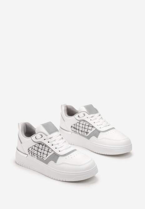 Białe Sneakersy Ozdobione Wstawką z Tweedowego Materiału Saini