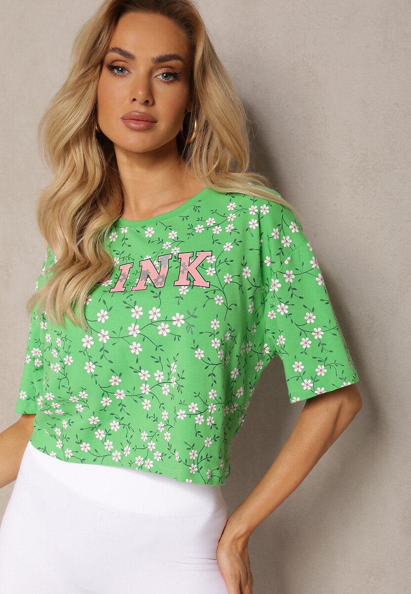 Zielony Oversize T-shirt Krótki z Bawełny Ozdobiony Napisem i Printem Dawene