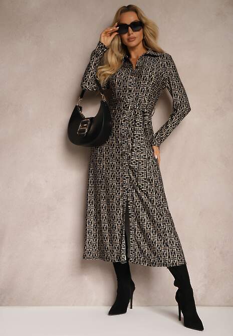 Czarno-Szara Sukienka o Koszulowym Fasonie z Wiązanym Paskiem i Abstrakcyjnym Wzorem Sairina