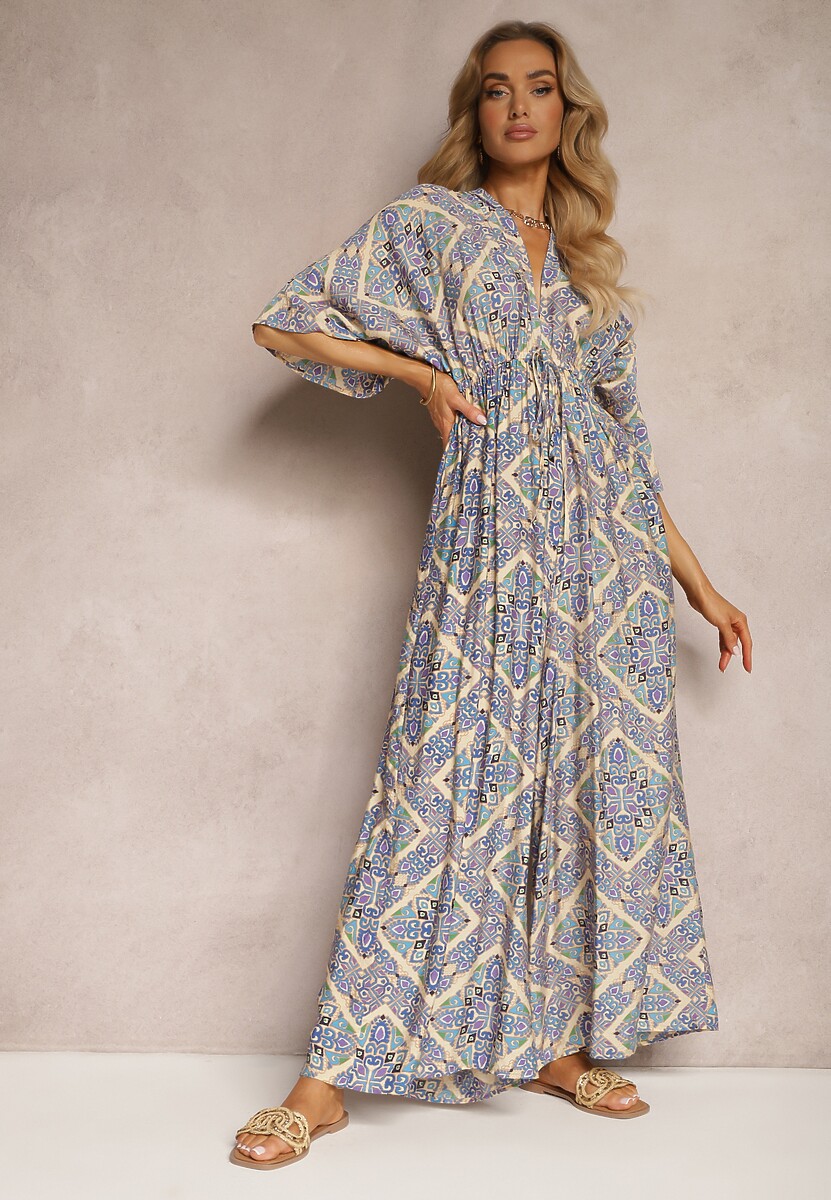 Niebieski Boho Kombinezon z Wiązaniem na Plecach z Gumką w Pasie i Długimi Nogawkami Sopolia