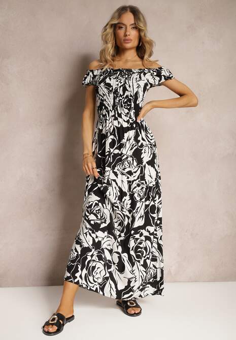 Czarno-Biała Wiskozowa Sukienka Typu Hiszpanka o Rozkloszowanym Kroju z Marszczoną Górą Fereri
