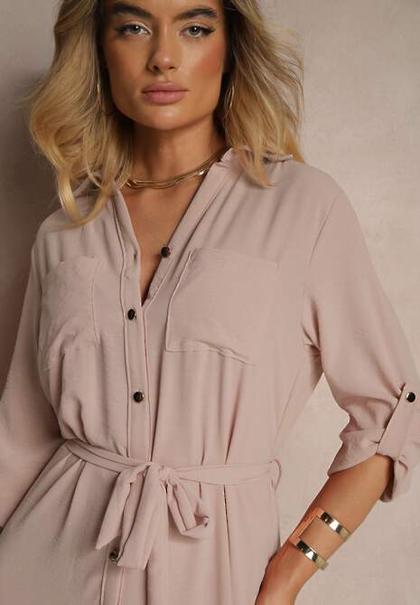 Ciemnobeżowa Sukienka Koszulowa Ozdobiona Paskiem Vivirielle