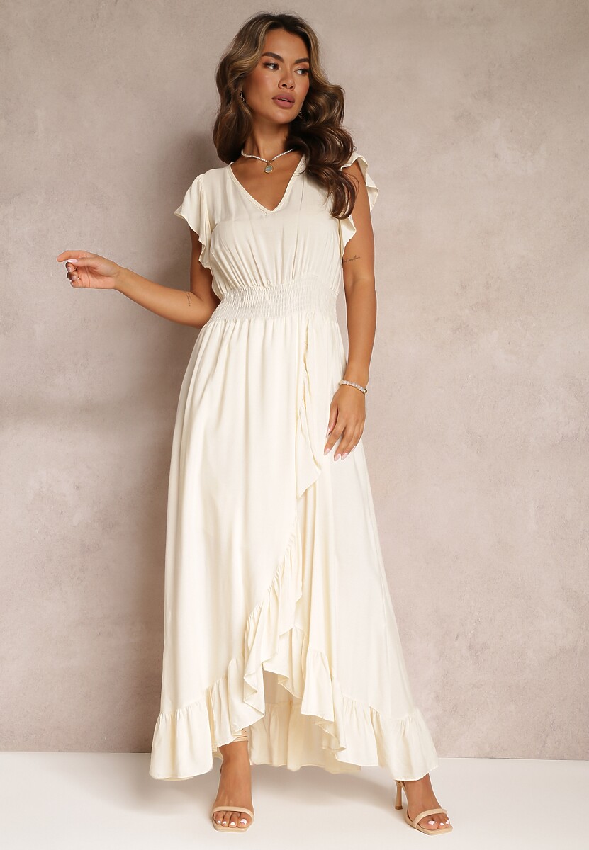 Beżowa Kopertowa Sukienka z Wiskozy Ozdobiona Falbanką Carnovie