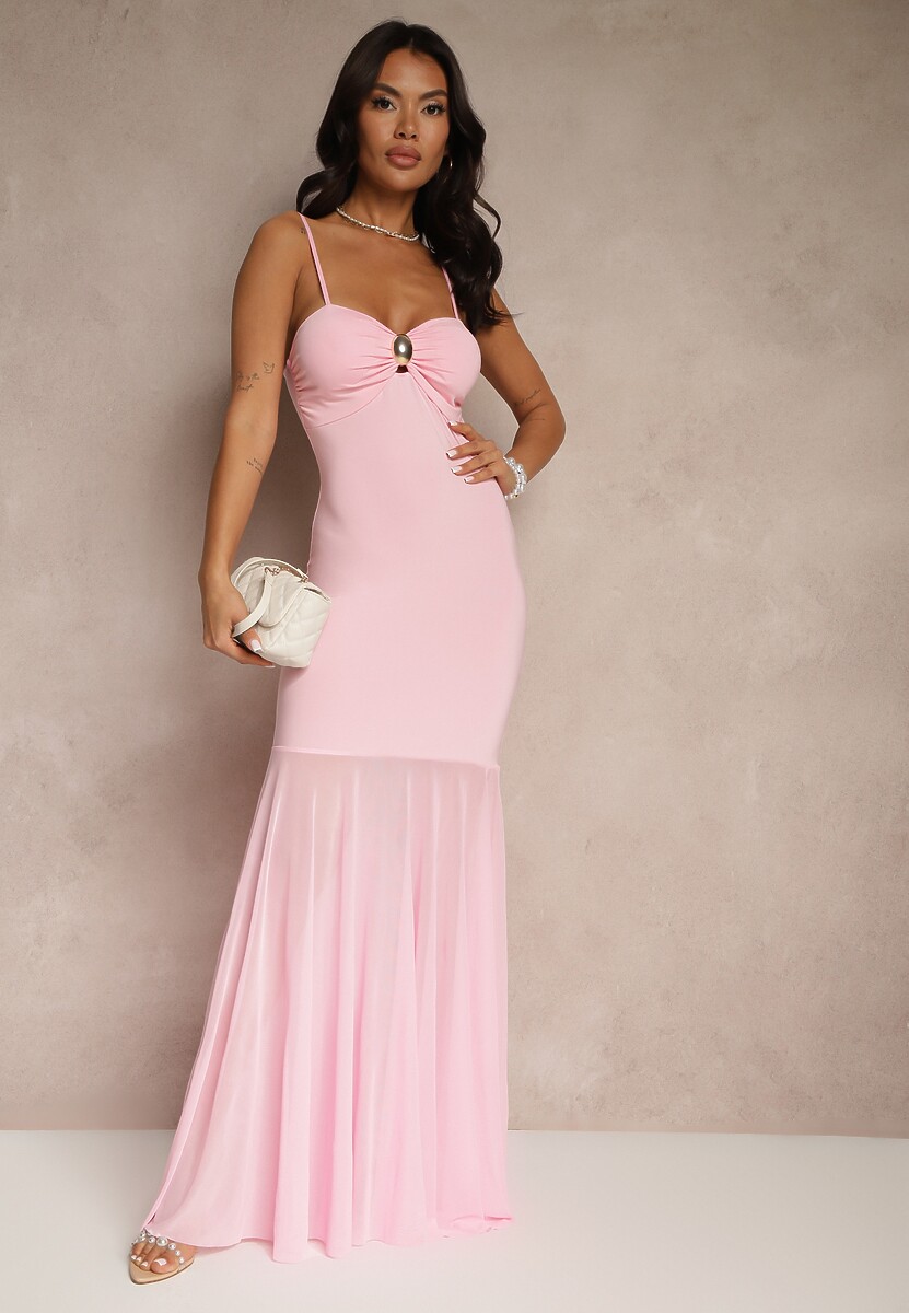 Różowa Sukienka na Ramiączkach z Wiskozą z Siateczkowym Zdobieniem Savorielle