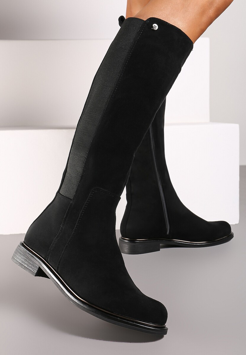 Czarne Kozaki z Ekozamszu na Płaskiej Podeszwie w Stylu Oficerek z Gumką Ansista