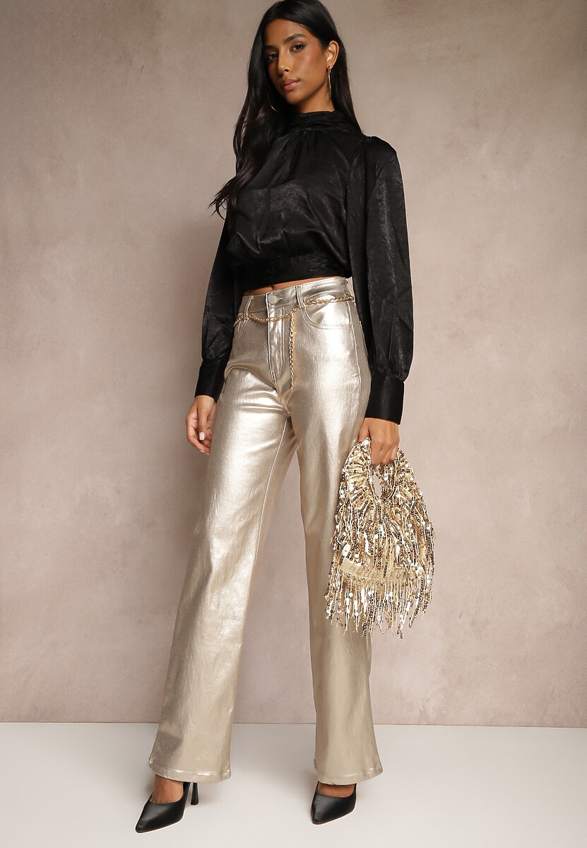 Złote Szerokie Spodnie Metaliczne High Waist z Ekoskóry Tranise