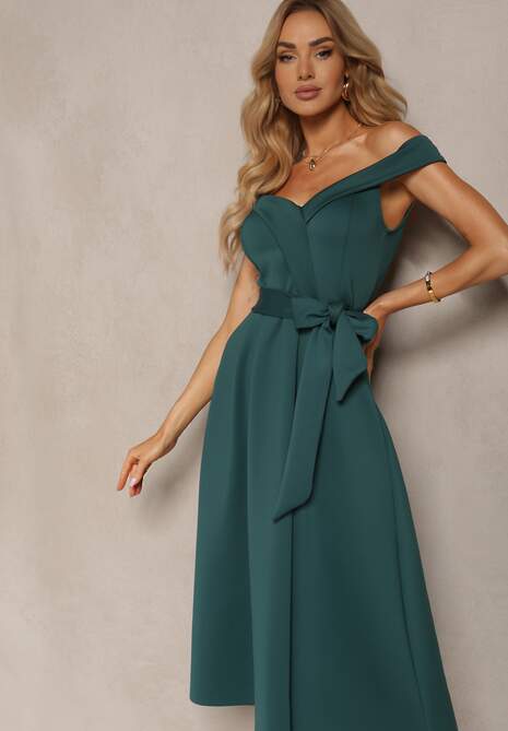 Zielona Sukienka Wieczorowa Hiszpanka z Materiałowym Paskiem Yellia