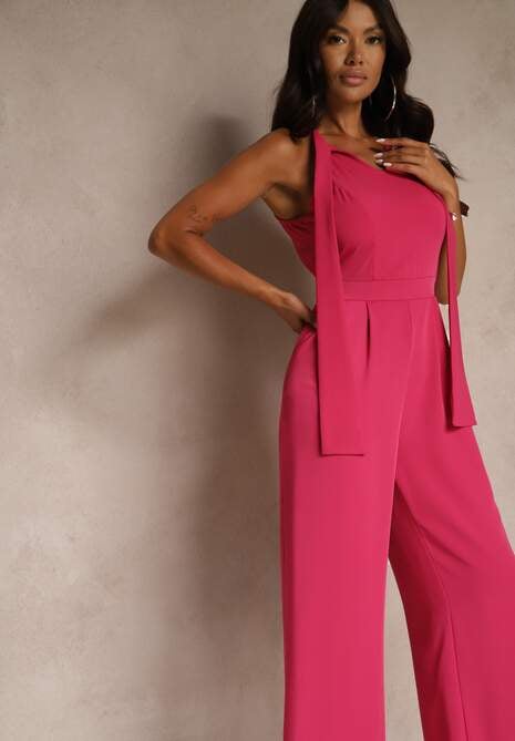 Fuksjowy Kombinezon Wide Leg z Ozdobnym Wiązaniem przy Szyi Silelia