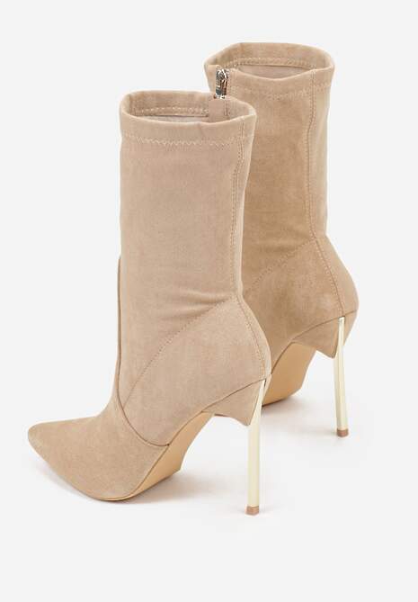 Beżowe Botki na Szpilce Ozdobione Metaliczną Wstawką Amiltia