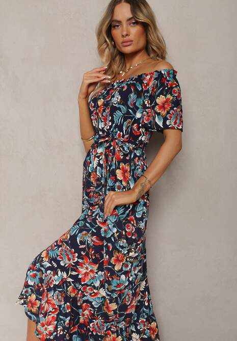 Granatowa Bawełniana Sukienka Hiszpanka Wiązana w Talii w Kwiatowy Wzór Risarrae